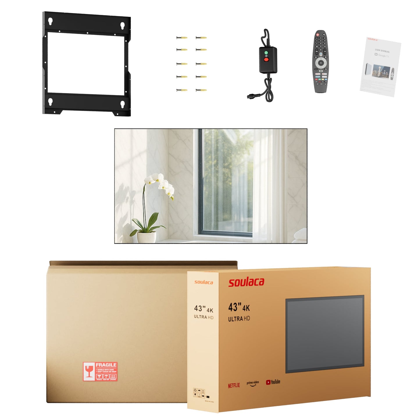 Soulaca 43 inches 4K Smart Mirror Google TV Voice Control Waterproof IP65 Bathroom/Spa/Indoor Display-Soulaca