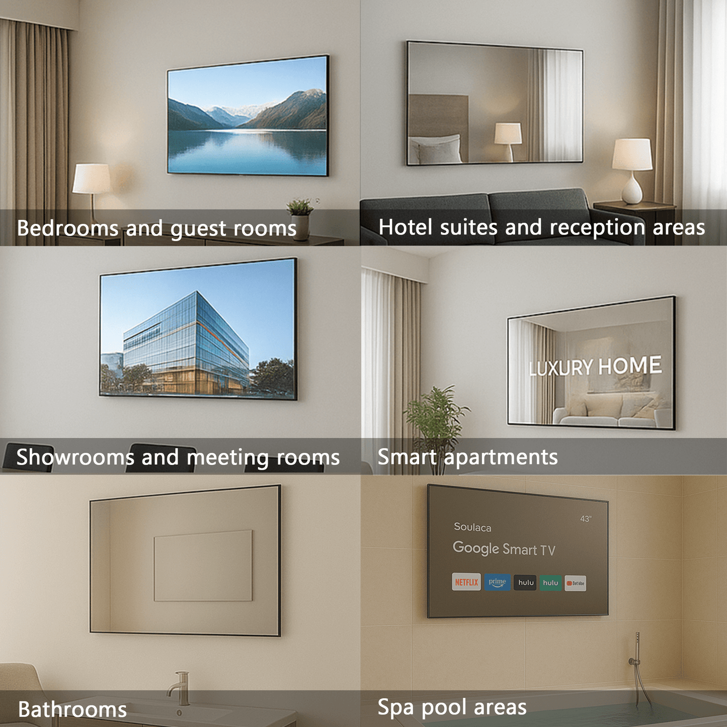 Soulaca 43 inches 4K Smart Mirror Google TV Voice Control Waterproof IP65 Bathroom/Spa/Indoor Display-Soulaca