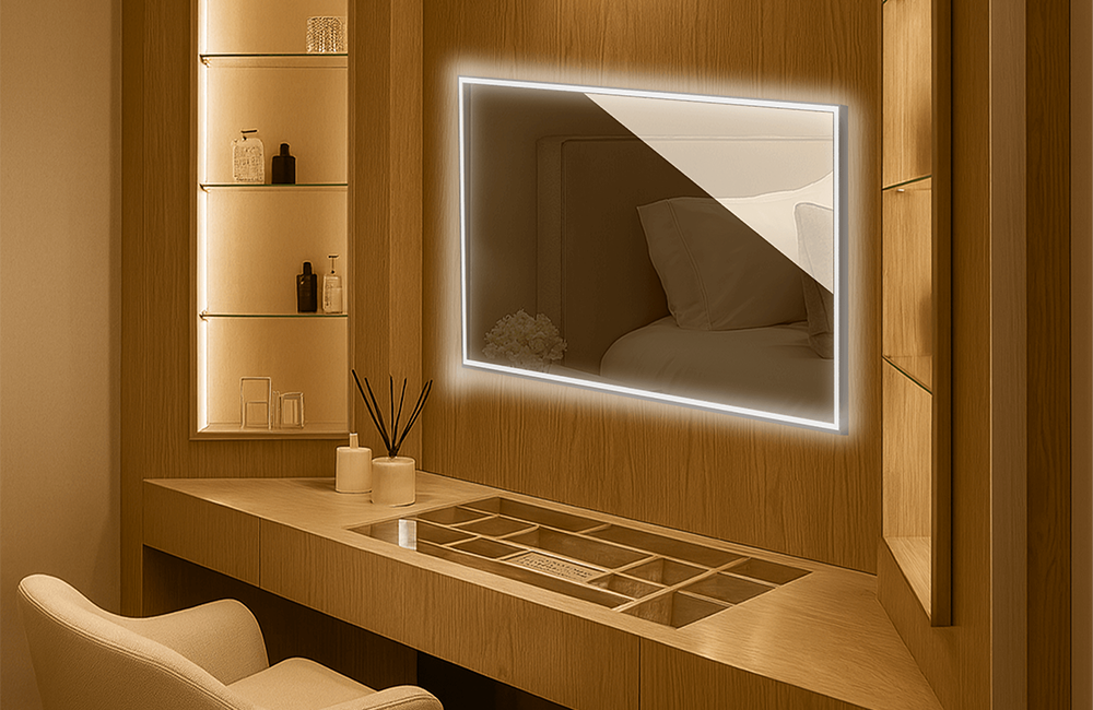 Soualca 43 inches Smart Mirror TV with LED Lights, Makeup Mirror Google TV, 4K UHD with DTV Tuner, Voice Control-Soulaca