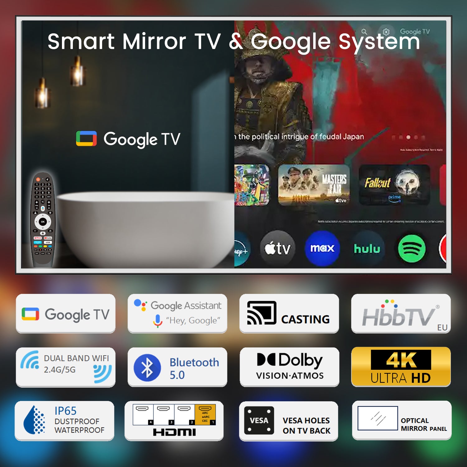 Soualca 43 inches Smart Mirror TV with LED Lights Google System 4K UHD Display DTV Voice Control-Soulaca