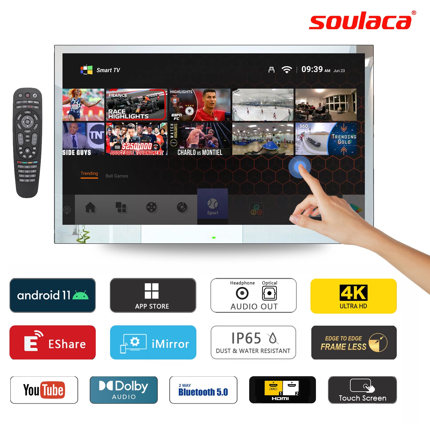 Soulaca 32 inches Touchscreen Smart Mirror TV 4K UHD LED Android for Bathroom DTV SPA-Soulaca