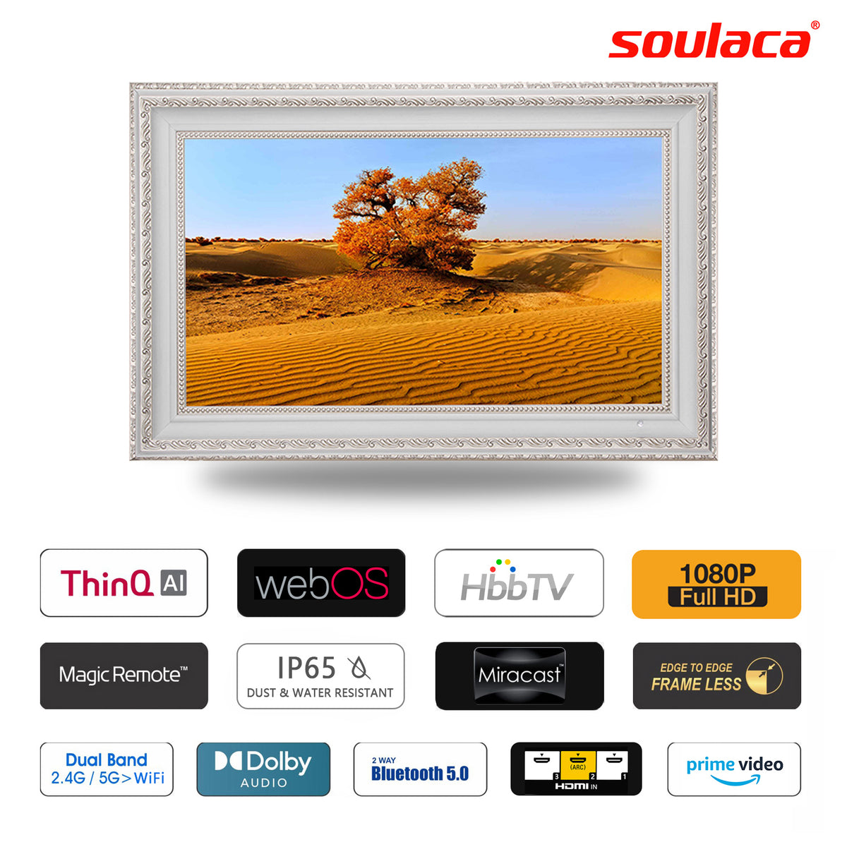 Soulaca 27" Decorative Ivory Framed Smart Mirror TV – Water Resistant webOS Multi-Scene Display (Fireplace, Art, Aquarium) for Home, Hallway, Hotel & Beyond-Soulaca