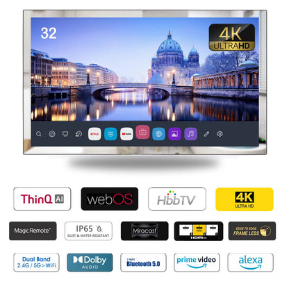 Soulaca 32 inch 4K Smart Mirror LED TV for Bathroom Waterproof webOS DTV Alexa WiFi-Soulaca