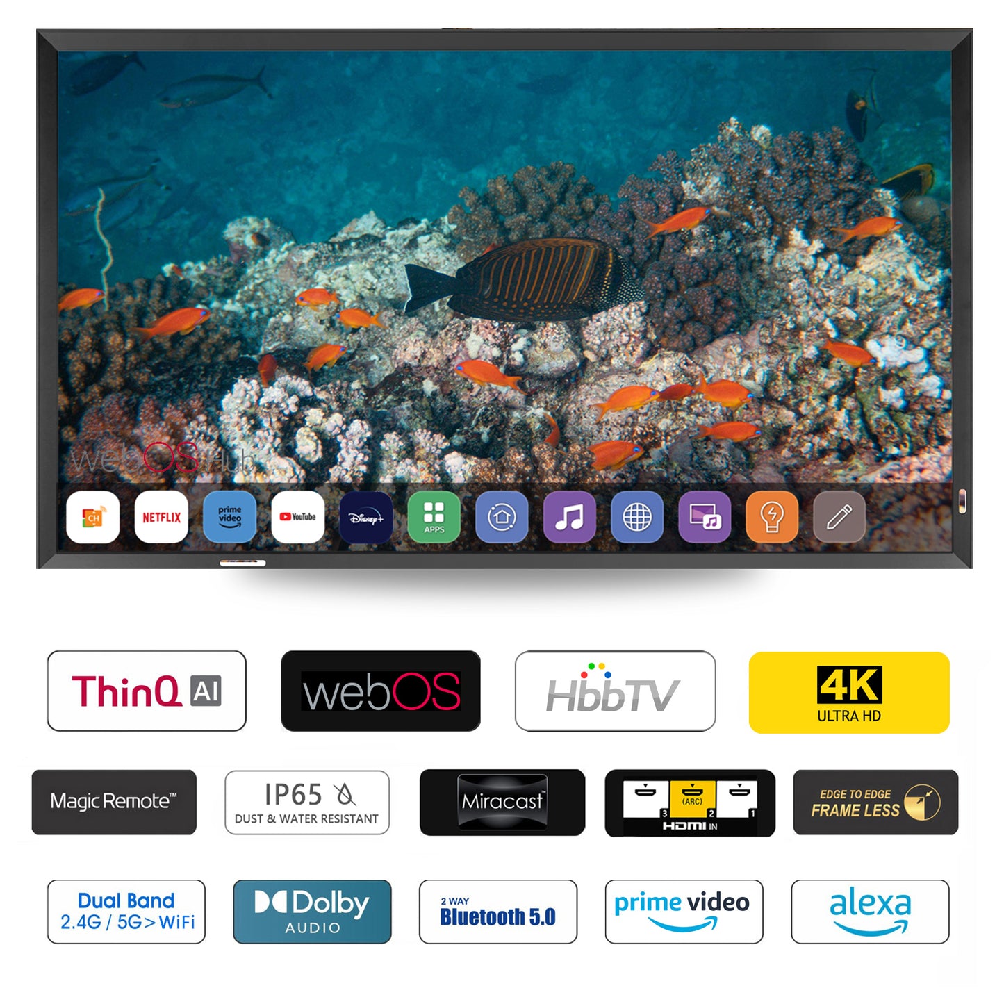 Soulaca 55" Black Frame 4K UHD Waterproof Smart Mirror TV | webOS Voice Control Bathroom TV