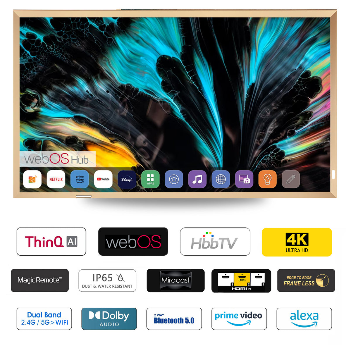 Soulaca 43” 4K UHD Art Frame Mirror TV – Champagne Gold (Black) Aluminum Frame | webOS Hub Smart TV
