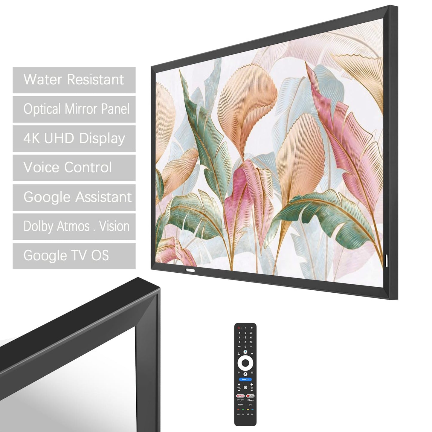 Soulaca 43-inch 4K Art Frame Mirror TV with Google TV – Obsidian Black Frame for Luxury Fireplace, Bathroom, Hotel, and Smart Gallery Decoration | Waterproof