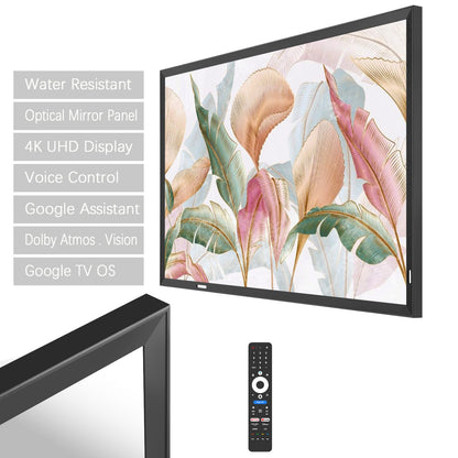 Soulaca 43-inch 4K Art Frame Mirror TV with Google TV – Obsidian Black Frame for Luxury Fireplace, Bathroom, Hotel, and Smart Gallery Decoration | Waterproof