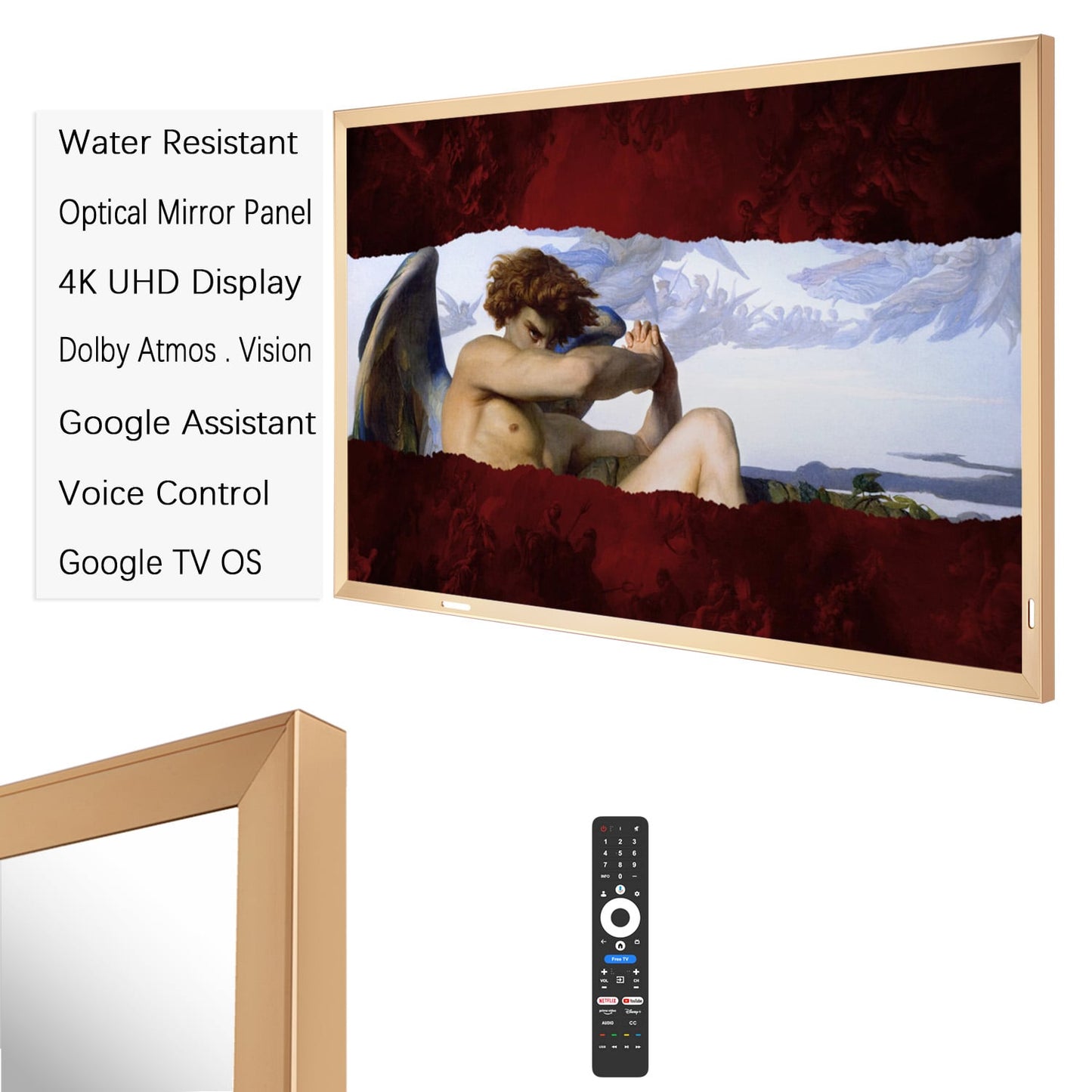 Soulaca 43" 4K Smart Mirror TV with Champagne Gold Frame – Ideal for Fireplace, Bathroom & Hotel Decoration | Waterproof Google TV with Voice Control