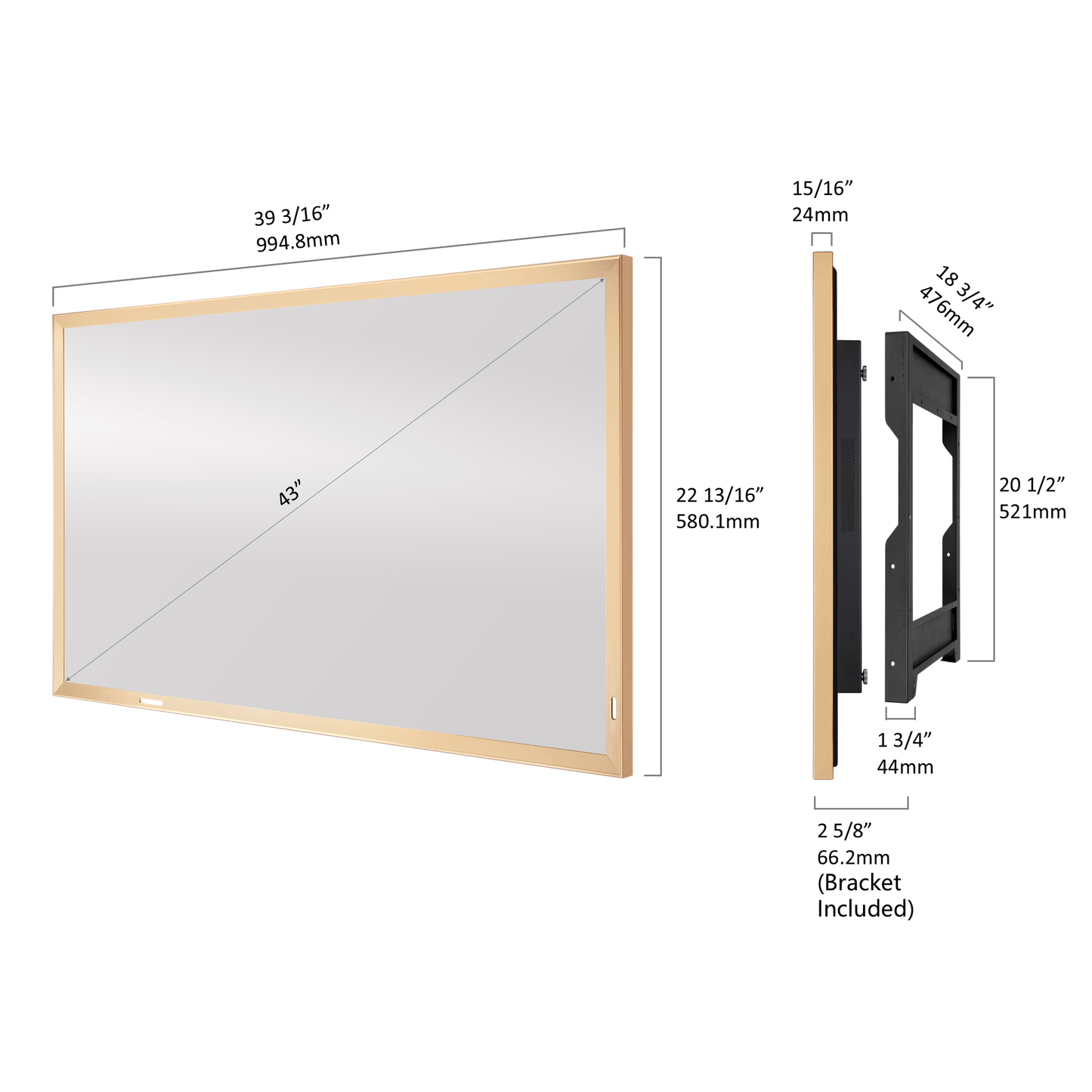 Soulaca 43” 4K UHD Art Frame Mirror TV – Champagne Gold Aluminum Frame | webOS Hub Smart TV