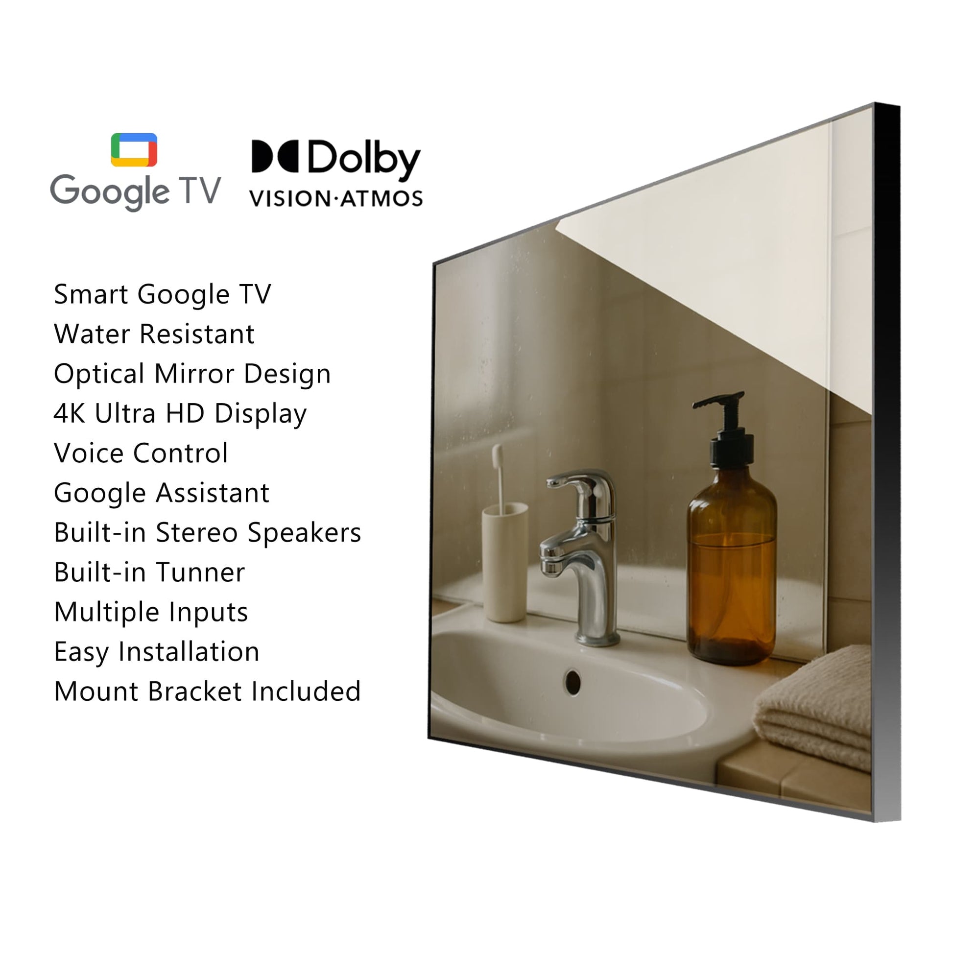 Soulaca 43 inches 4K Smart Mirror Google TV  Voice Control Waterproof IP65 Bathroom/Spa/Indoor Display-Soulaca