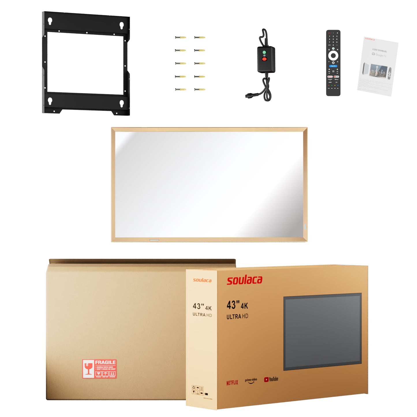 Soulaca 43" 4K Smart Mirror TV with Champagne Gold Frame – Ideal for Fireplace, Bathroom & Hotel Decoration | Waterproof Google TV with Voice Control