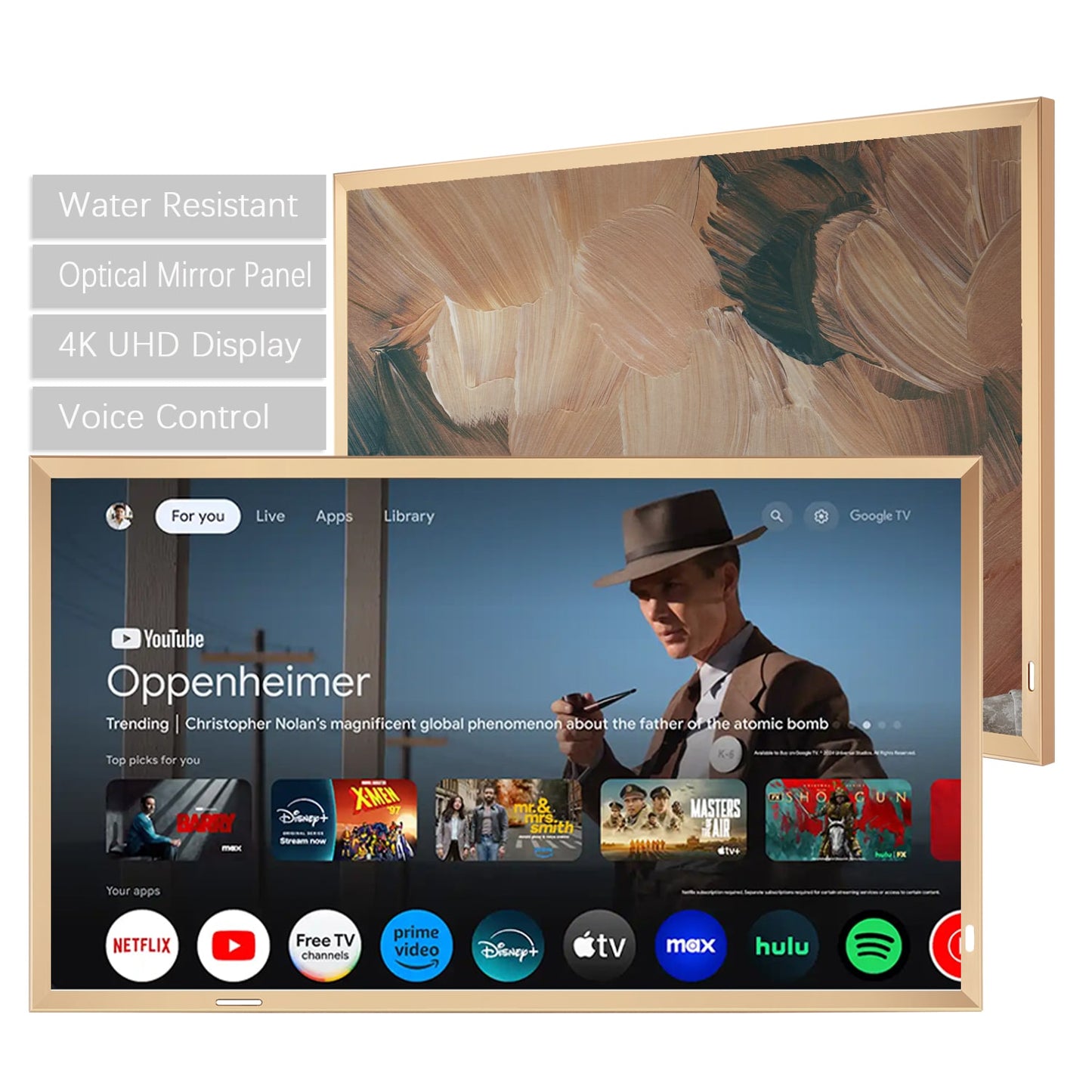 Soulaca 43" 4K Smart Mirror TV with Champagne Gold Frame – Ideal for Fireplace, Bathroom & Hotel Decoration | Waterproof Google TV with Voice Control