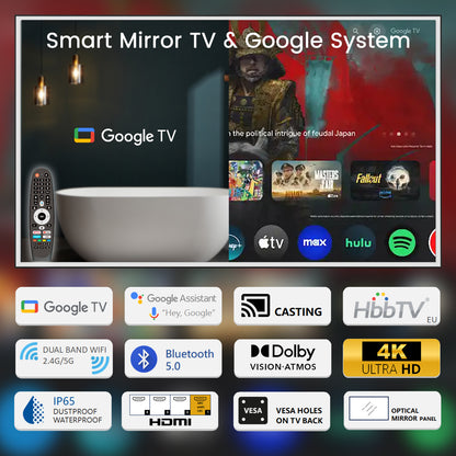 Soualca 43 inches Smart Mirror TV with LED Lights Google System 4K UHD Display DTV Voice Control-Soulaca