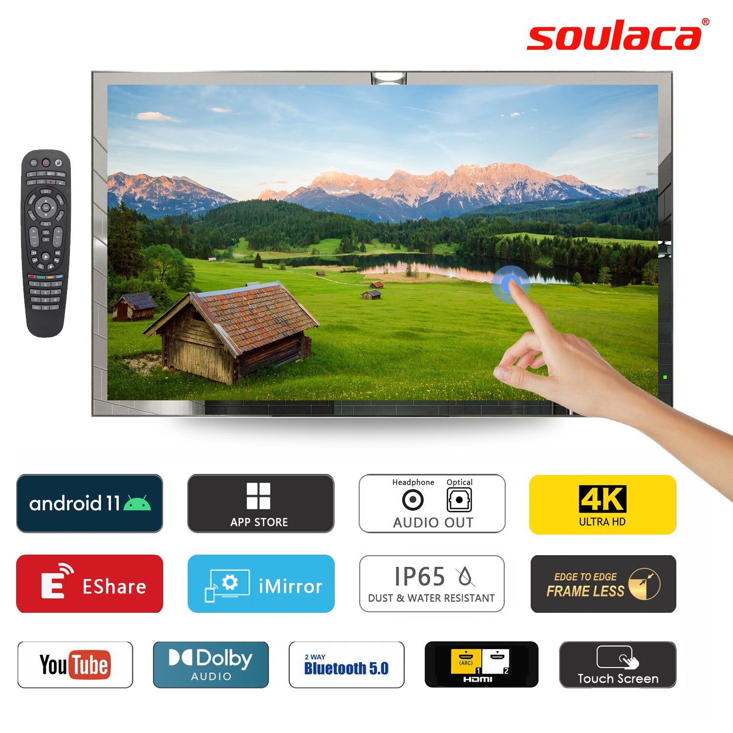 Soulaca 43 inches Touchscreen 4K LED Mirror Smart TV P65 Waterproof WiFi Bluetooth SPA Hotel Advertising-Soulaca