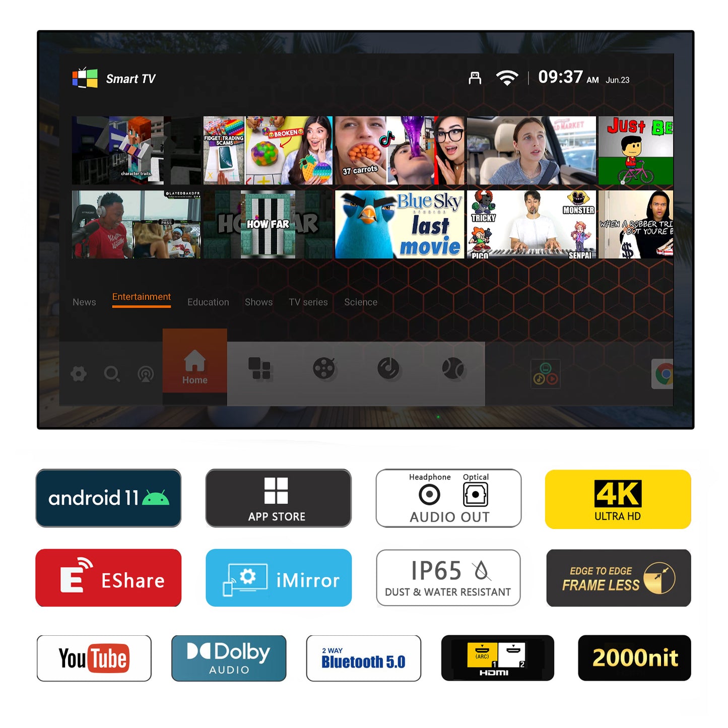 Soulaca 55 inches Waterproof Smart Android Outdoor TV 2000nits 4K Weatherproof Garden TV-Soulaca
