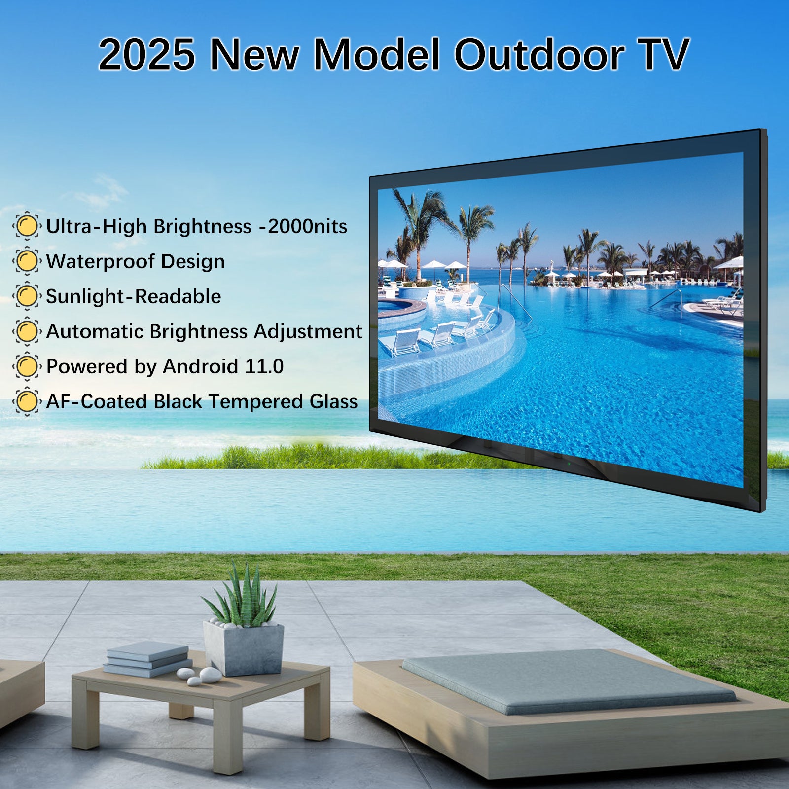 Soulaca 55 inches Waterproof Smart Android Outdoor TV 2000nits 4K Weatherproof Garden TV-Soulaca