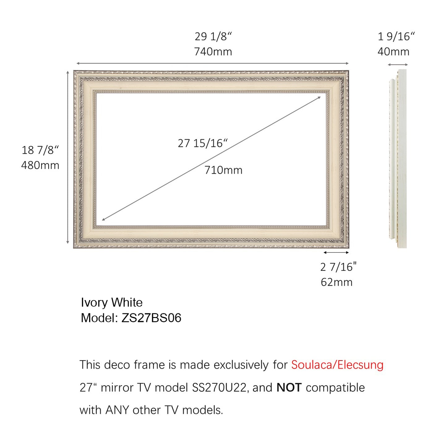 Soulaca 27 inch Smart webOS Mirror Framed TV for Bathroom Waterproof Shower Television with Ivory White Color Decorative Frame-Soulaca