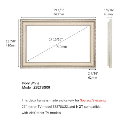 Soulaca 27 inch Smart webOS Mirror Framed TV for Bathroom Waterproof Shower Television with Ivory White Color Decorative Frame-Soulaca