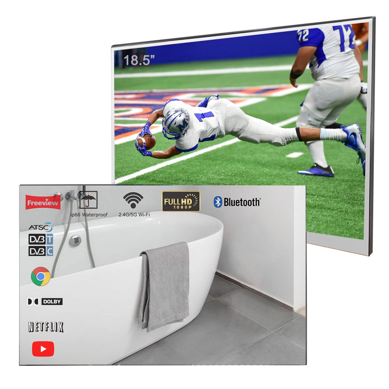Soulaca 18.5 inches Smart Mirror LED Small TV with WiFi Bluetooth Waterproof Shower Television-Soulaca