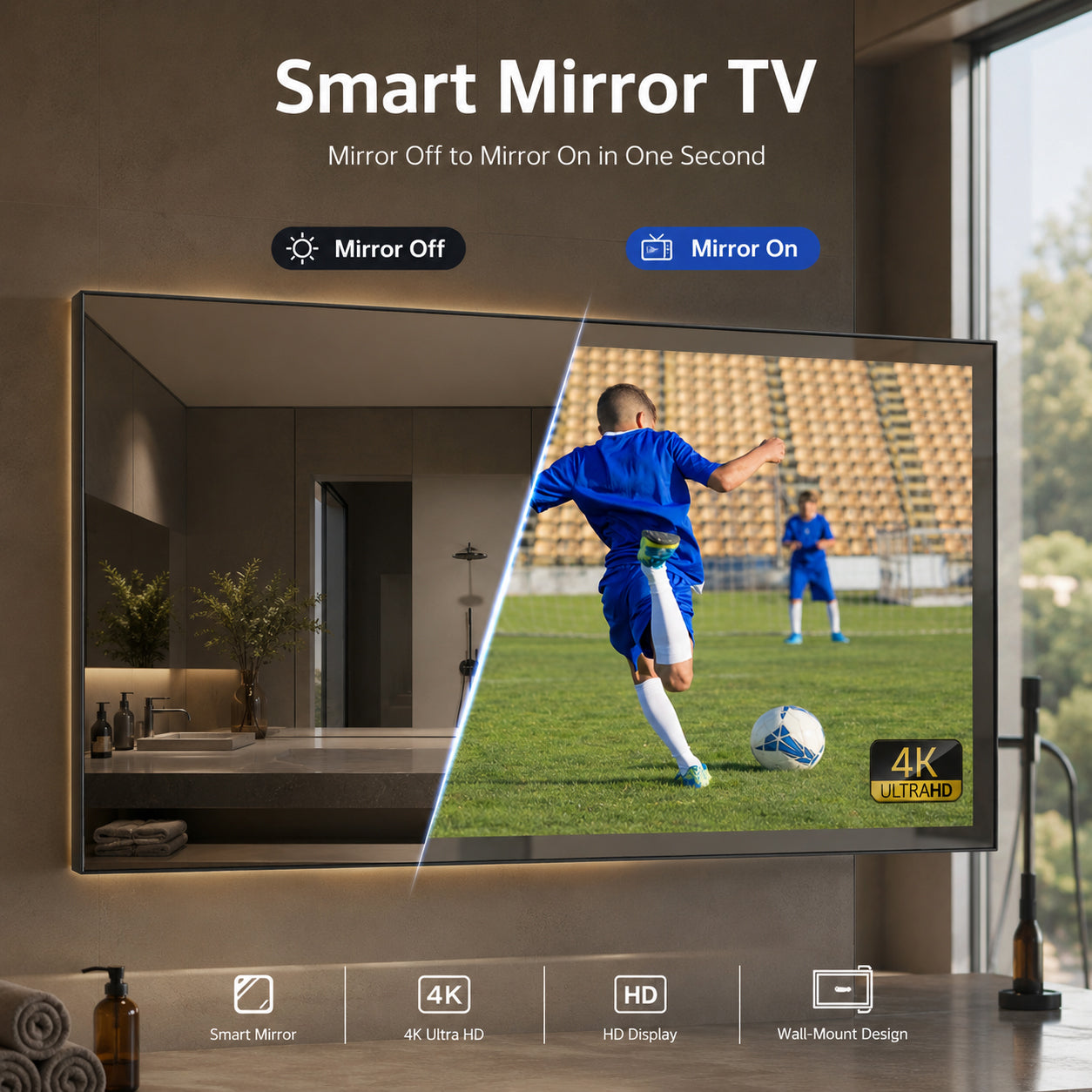 Soulaca 43″ 4K Ultra HD Smart Mirror TV webOS Waterproof Voice Control Magic Remote for Hotel Decoration Bathroom