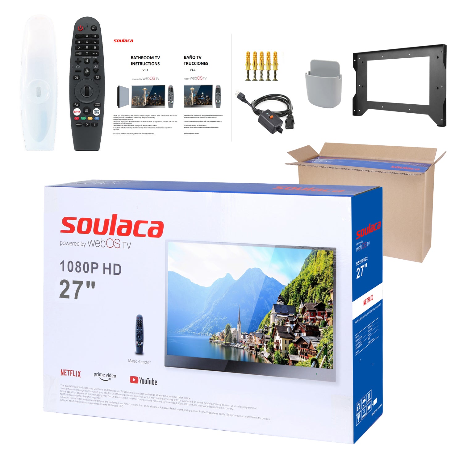 Soulaca 27 inch Smart webOS Mirror Framed TV for Bathroom Waterproof Shower Television with Ivory White Color Decorative Frame-Soulaca