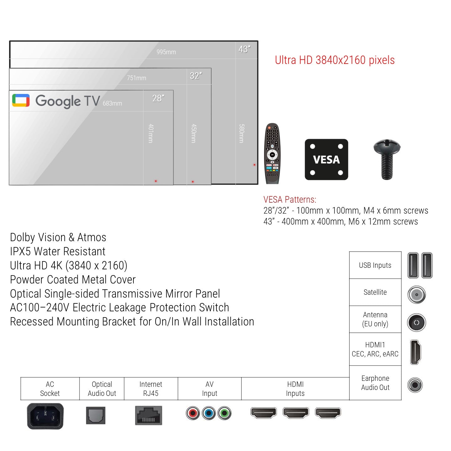 Soulaca Big Screen 43 inches 4K Screen Smart Mirror Google TV Waterproof for Bathroom SPA Indoor Advertising-Soulaca