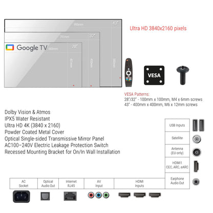 Soulaca Big Screen 43 inches 4K Screen Smart Mirror Google TV Waterproof for Bathroom SPA Indoor Advertising-Soulaca